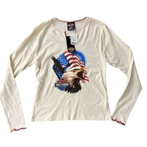 Harley-Davidson Long Sleeve Top Womens L Cream Eagle Flag Las Vegas Biker Y2K